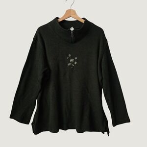 Cityscape Quarter Zip Sweater Women XXL Green Excellent Embroidered Leaf Knit
